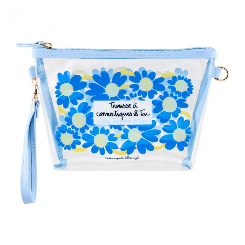 Trousse trasparente e impermeabile con chiusura zip, decorata con fiori blu
